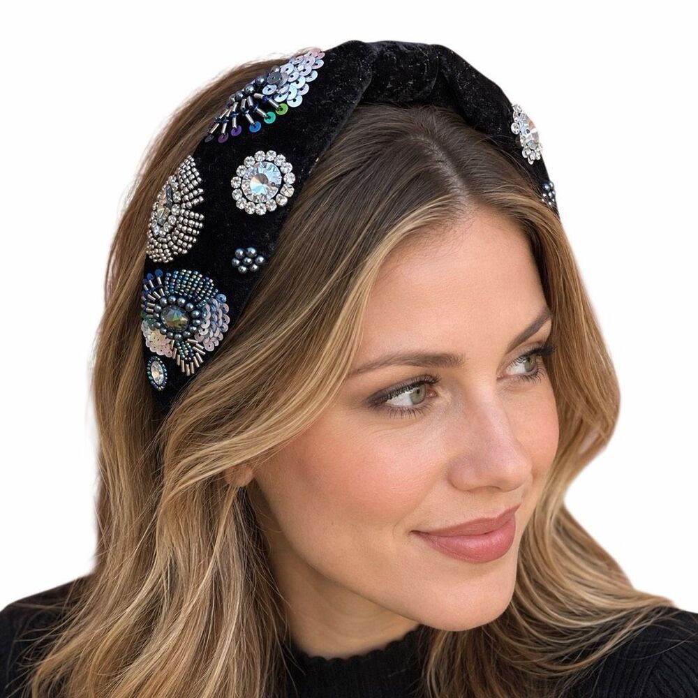 Pyramid Collection Black Velvet Beaded Embroidered Headband Womens Boho NEW